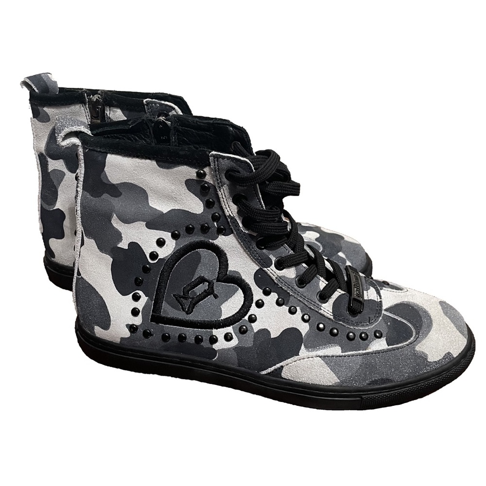 John Galliano Gray Suede Camo High Top Sneakers Indie Sleaze Grunge Y2K